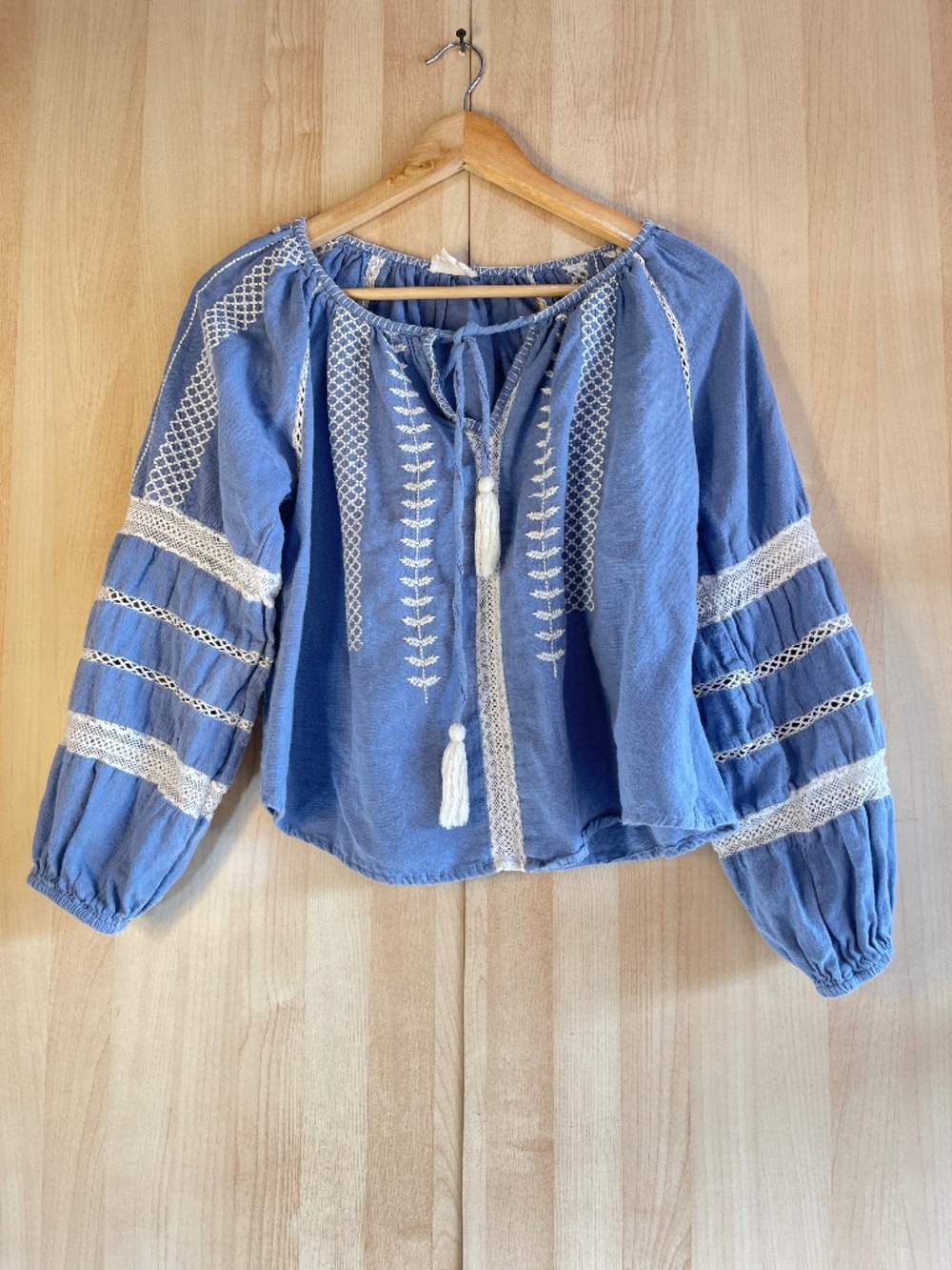 Daughters of India Blue Embroidered Peasant Blouse with Cream Tassels